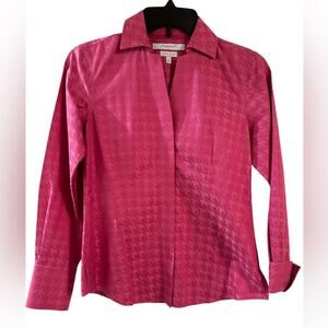 Foxcroft Button Up Blouse Magenta Pink Houndstooth Cotton NWT Career Barbie
